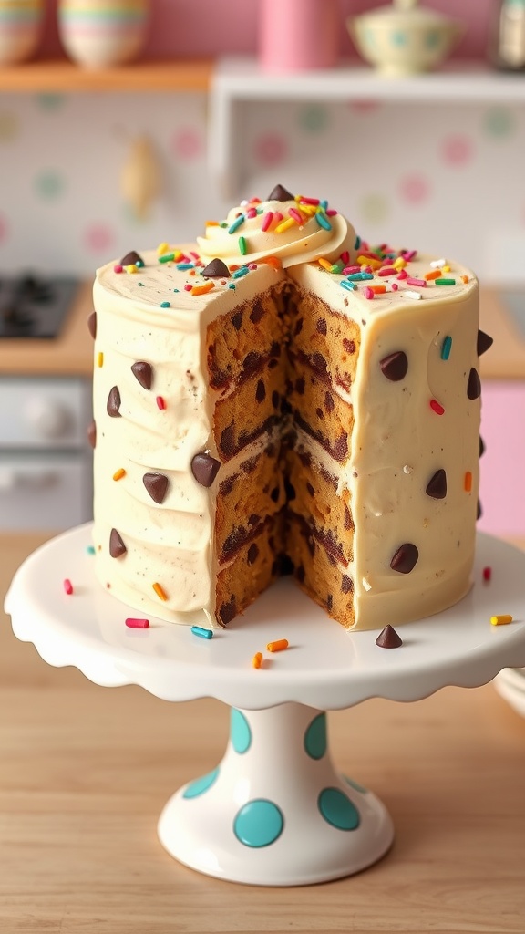 Two-layer cookie cake with chocolate chip layers and buttercream frosting, decorated with sprinkles.
